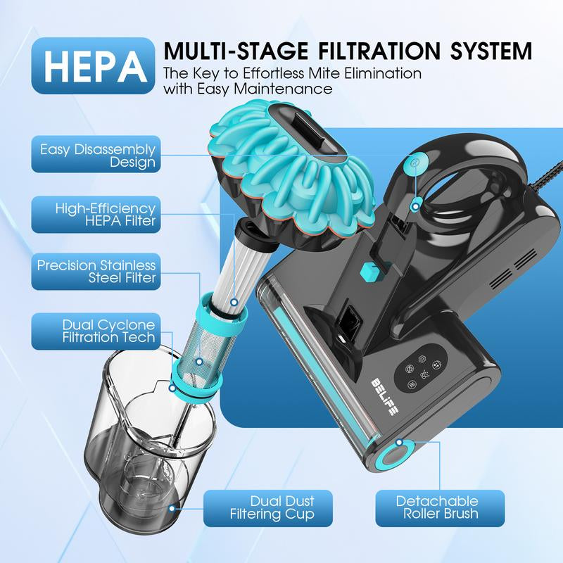 Belife M8 Mattress Vacuum Cleaner, Anti-Allergen Dust Mite Bed Vacuum Cleaner with UV & Hot Air & High Heating, 550W 18Kpa Powerful Suction Double-Cup Handheld Vacuum for Bed, Couch, Sofa, Corded