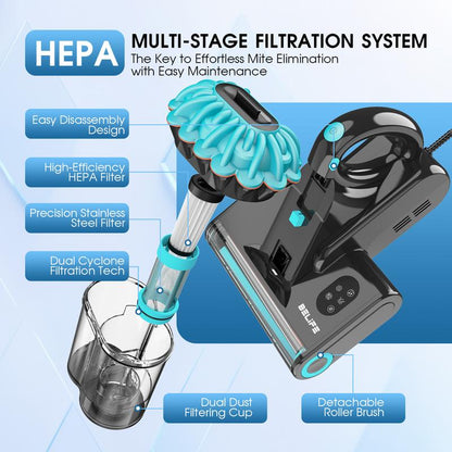 Belife M8 Mattress Vacuum Cleaner, Anti-Allergen Dust Mite Bed Vacuum Cleaner with UV & Hot Air & High Heating, 550W 18Kpa Powerful Suction Double-Cup Handheld Vacuum for Bed, Couch, Sofa, Corded